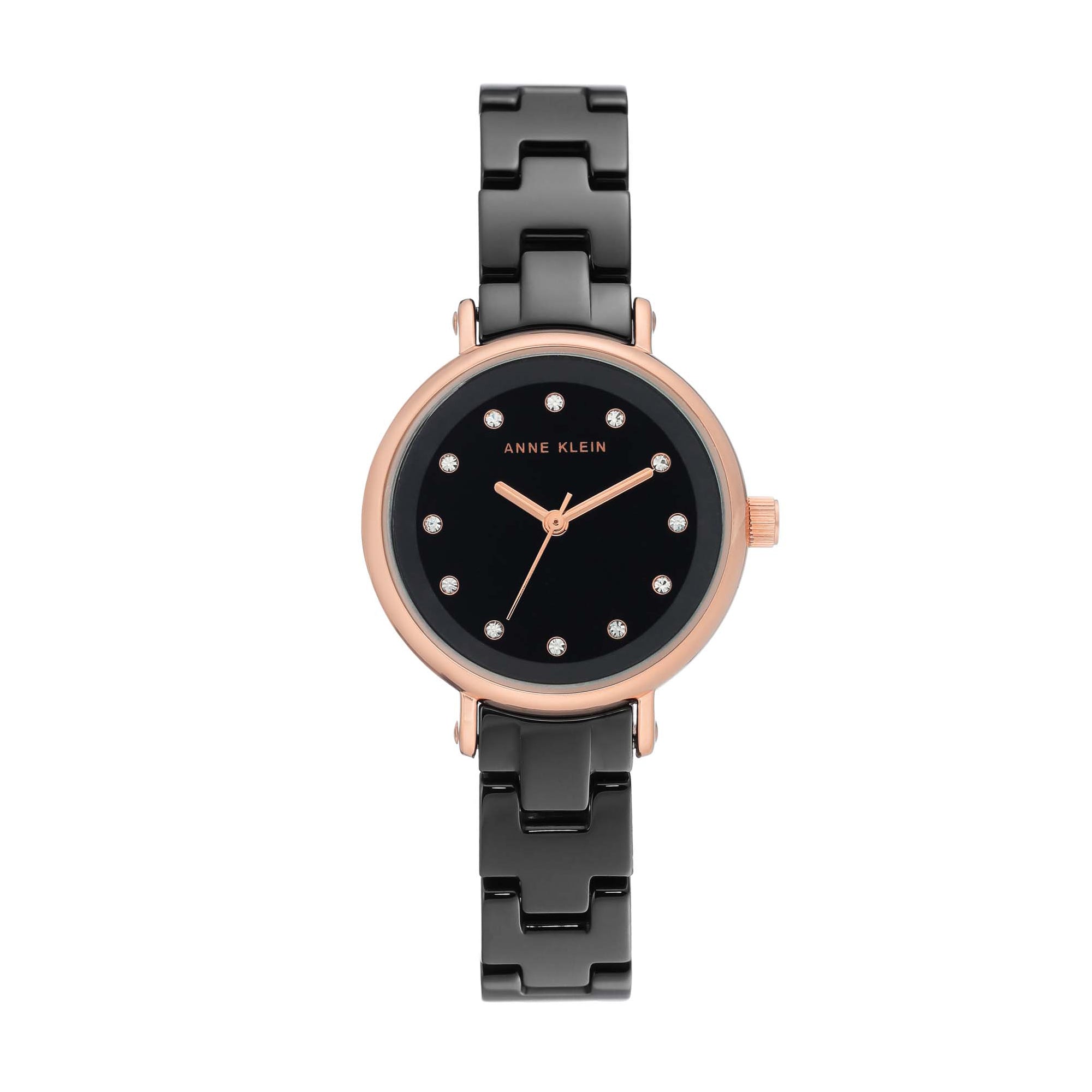 Rose Gold Anne Klein Black Ceramic Watch Swarovski Accent Ceramic